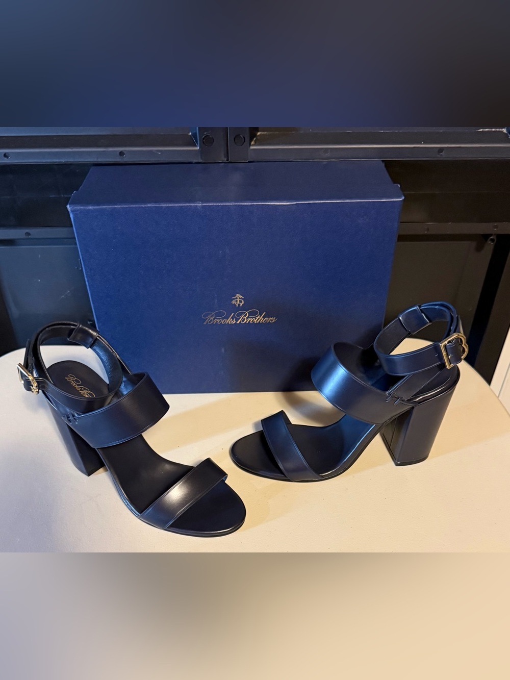Brooks Brothers “Open Blue” Leather Block 4” Heel Sandals - Gorgeous!